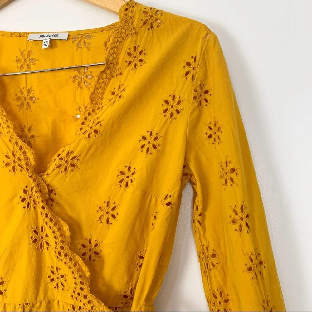 Madewell Mustard Yellow Scalloped Eyelet Wrap Top SIze Extra Extra Small - Picture 7 of 16